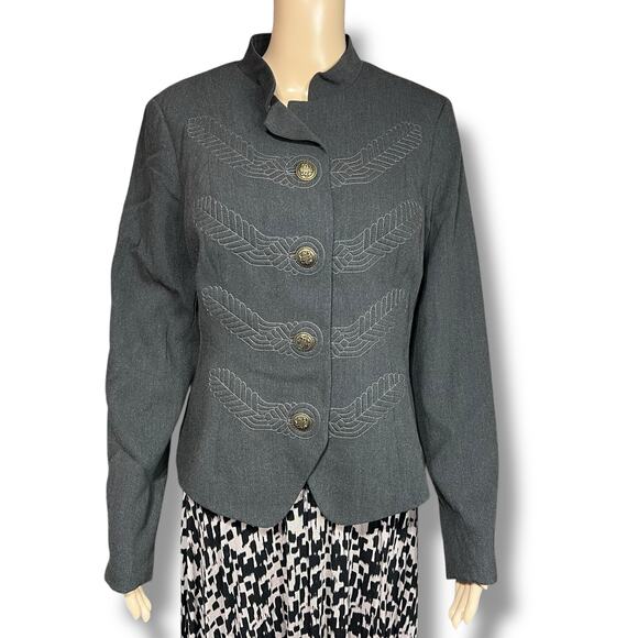 CAbi Womens Blazer Jacket Military Style Gray Embroidered Button Accents Sz 10 - Picture 1 of 15